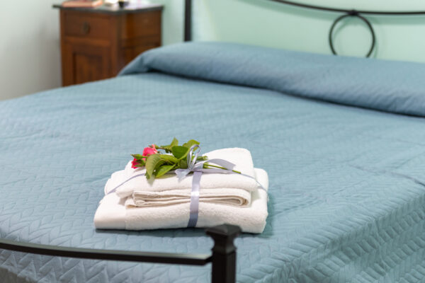 Asciugamani bianchi con fiori sul letto della Camera Vigna Antica