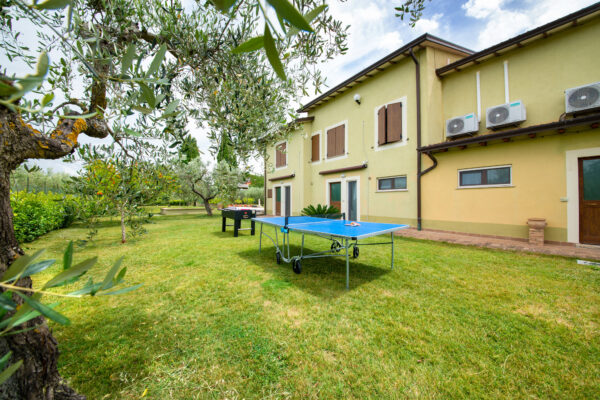 Giardino con ulivi e lettini accanto all’affittacamere Il Nido del Falco a Montefalco
