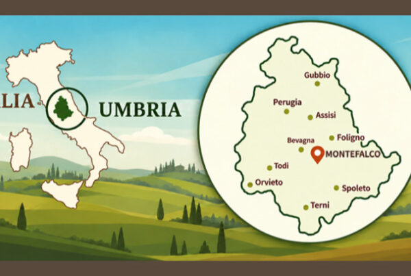 Mappa illustrata dell’Italia e dell’Umbria con Montefalco e le principali città umbre