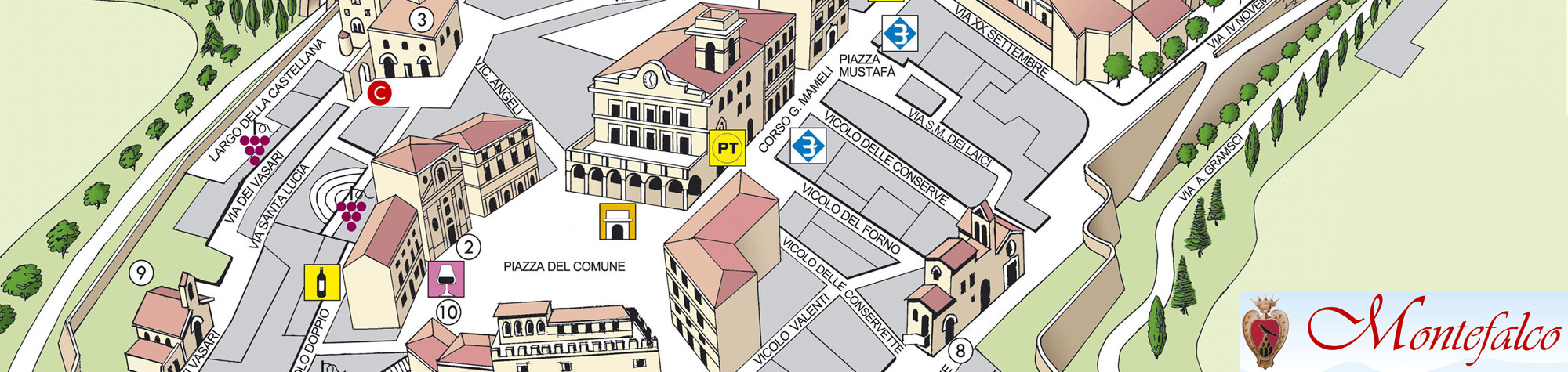 Mappa illustrata del centro storico di Montefalco con Piazza del Comune e i principali monumenti